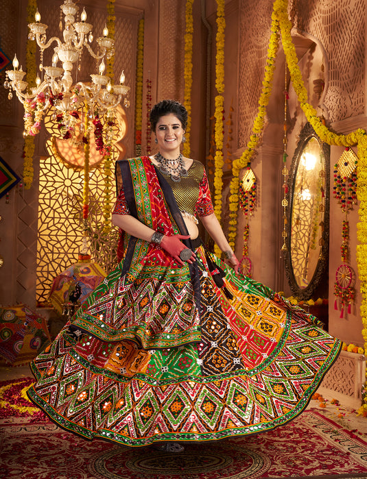 Garba Special Multicolor Organic Cotton Aari Foil Work Fully Stitched Festive Wear Lehenga Choli