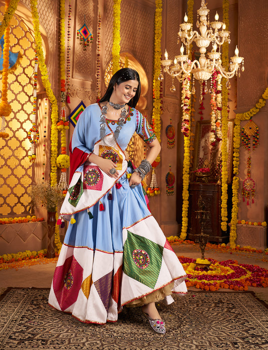 Navratri Special Sky Blue Viscose Cotton Kutchi Embroidery Work Fully Stitched Lehenga Choli