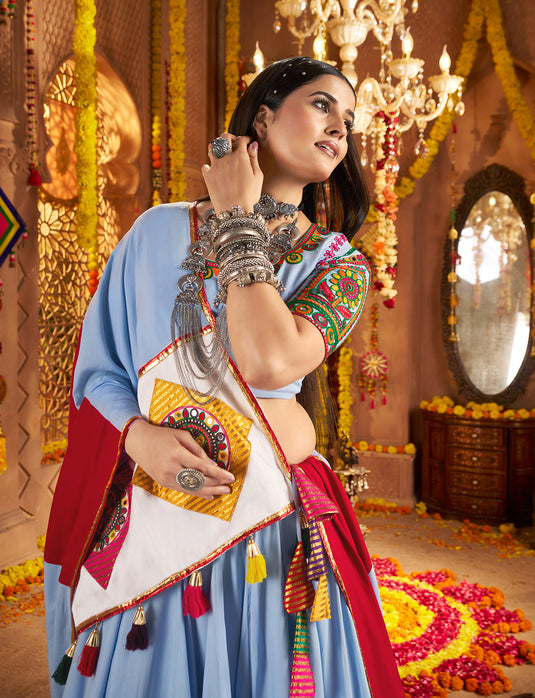 Navratri Special Sky Blue Viscose Cotton Kutchi Embroidery Work Fully Stitched Lehenga Choli