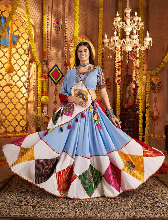 Navratri Special Sky Blue Viscose Cotton Kutchi Embroidery Work Fully Stitched Lehenga Choli