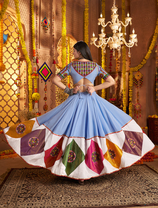 Navratri Special Sky Blue Viscose Cotton Kutchi Embroidery Work Fully Stitched Lehenga Choli