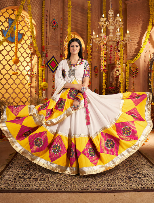 Garba Special White Viscose Cotton Kutchi Embroidery Work Fully Stitched Lehenga Choli