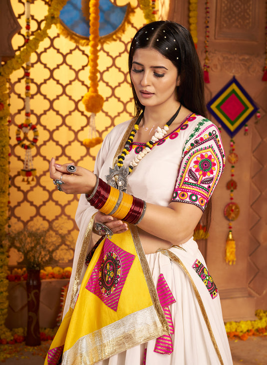 Garba Special White Viscose Cotton Kutchi Embroidery Work Fully Stitched Lehenga Choli