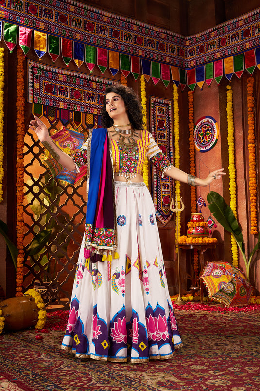 Navratri Special Off White Gajji Silk Mirror Work Fully Stitched Festive Wear Lehenga Choli