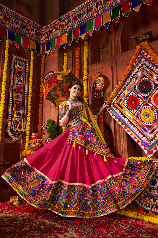 Garba Special Pink Viscose Cotton Thread Mirror Work Fully Stitched Festive Wear Lehenga Choli