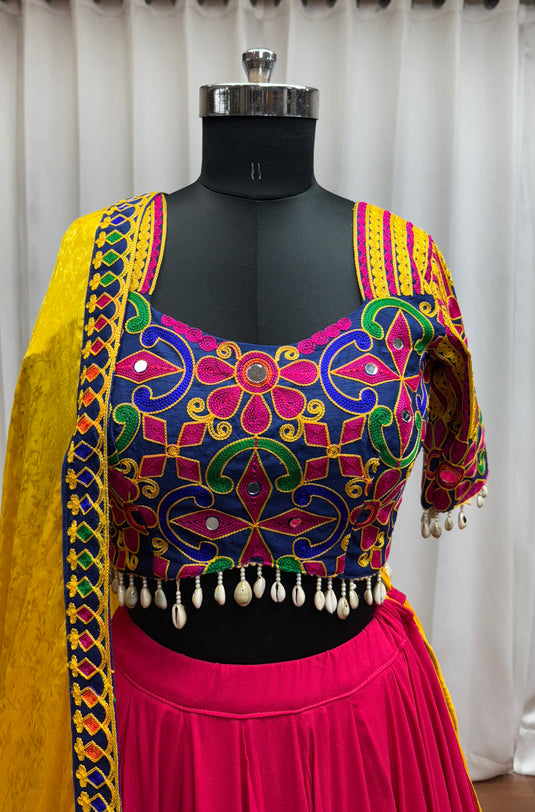 Garba Special Pink Viscose Cotton Thread Mirror Work Fully Stitched Festive Wear Lehenga Choli