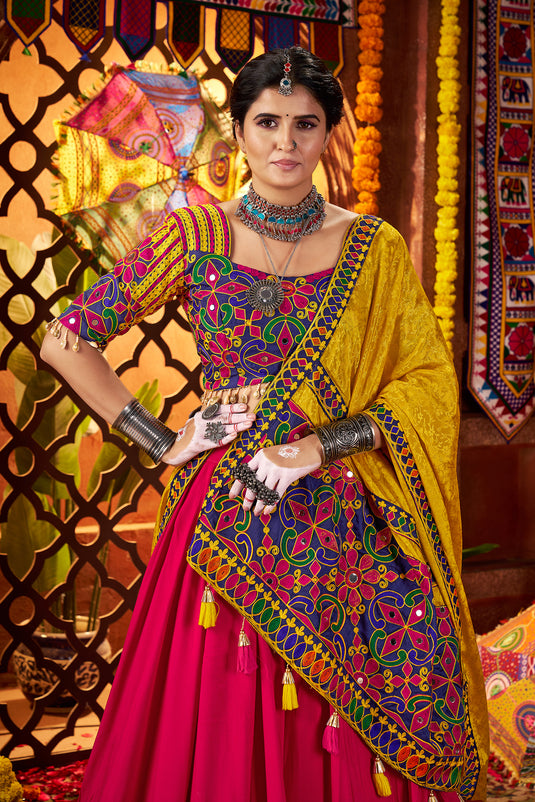 Garba Special Pink Viscose Cotton Thread Mirror Work Fully Stitched Festive Wear Lehenga Choli