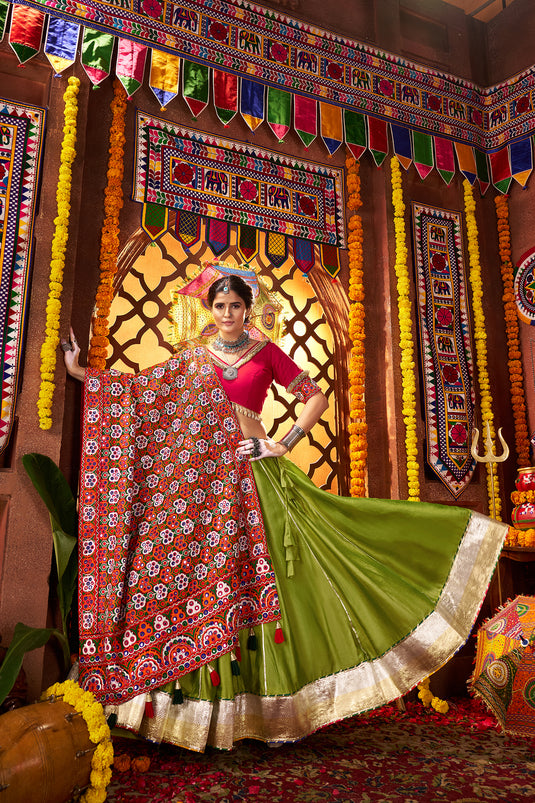 Navratri Special Green Silk Mirror Work Fully Stitched Festive Wear Lehenga Choli