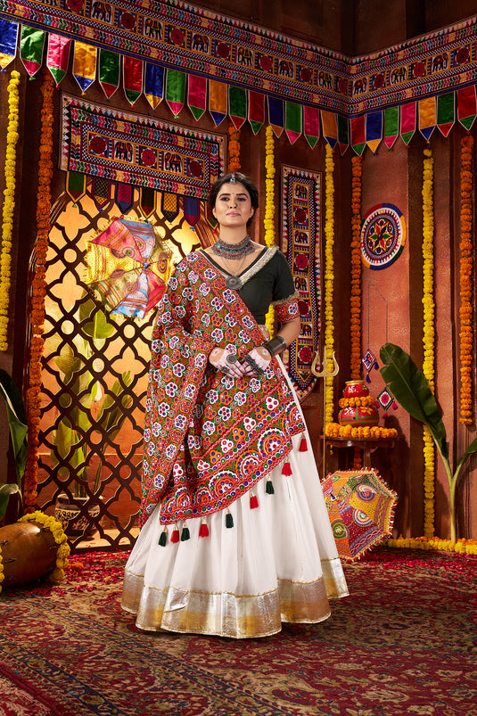 Dandiya Special White Silk Embroidered Ready made Fully Stitched Printed Festive Wear Lehenga Choli