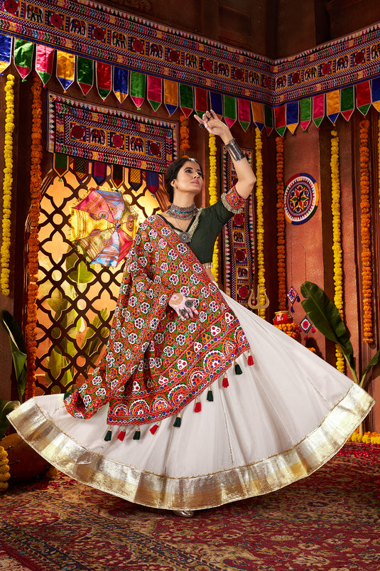Dandiya Special White Silk Embroidered Ready made Fully Stitched Printed Festive Wear Lehenga Choli