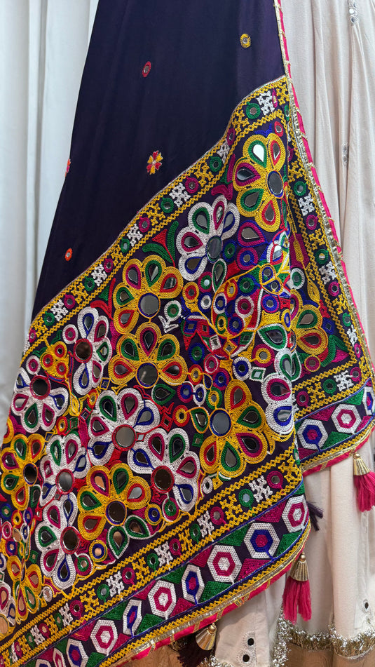 Garba Special Beige Viscose Cotton Kutchi Work Readymade Fully Stitch Festive Wear Lehenga Choli