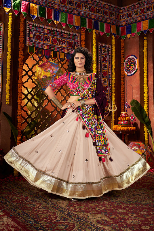 Garba Special Beige Viscose Cotton Kutchi Work Readymade Fully Stitch Festive Wear Lehenga Choli