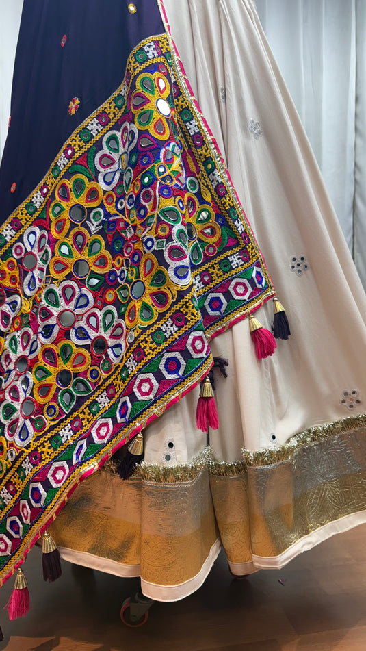 Garba Special Beige Viscose Cotton Kutchi Work Readymade Fully Stitch Festive Wear Lehenga Choli