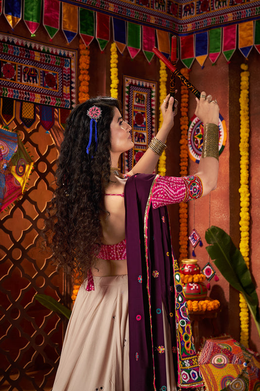 Garba Special Beige Viscose Cotton Kutchi Work Readymade Fully Stitch Festive Wear Lehenga Choli