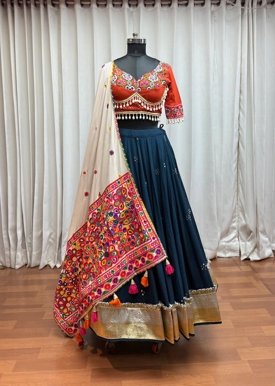 Navratri Special Teal Blue Kutchi Work Viscose Cotton Readymade Fully Stitched Festive Wear Lehenga Choli