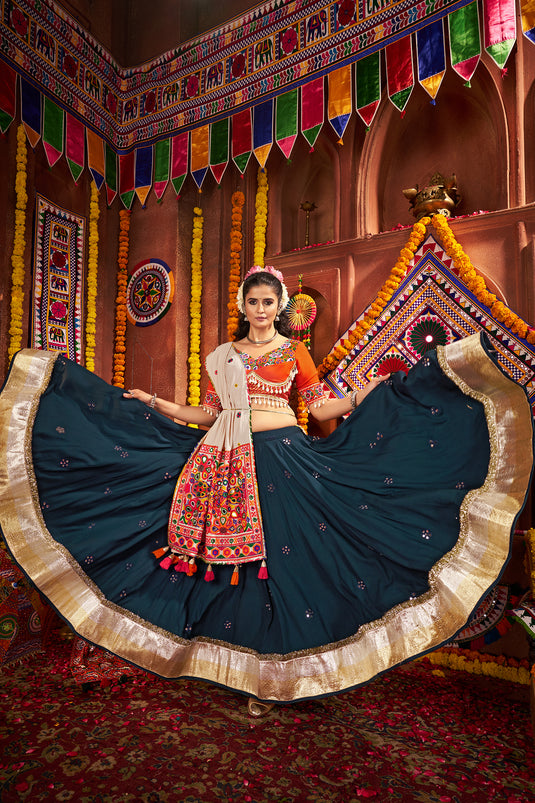 Navratri Special Teal Blue Kutchi Work Viscose Cotton Readymade Fully Stitched Festive Wear Lehenga Choli