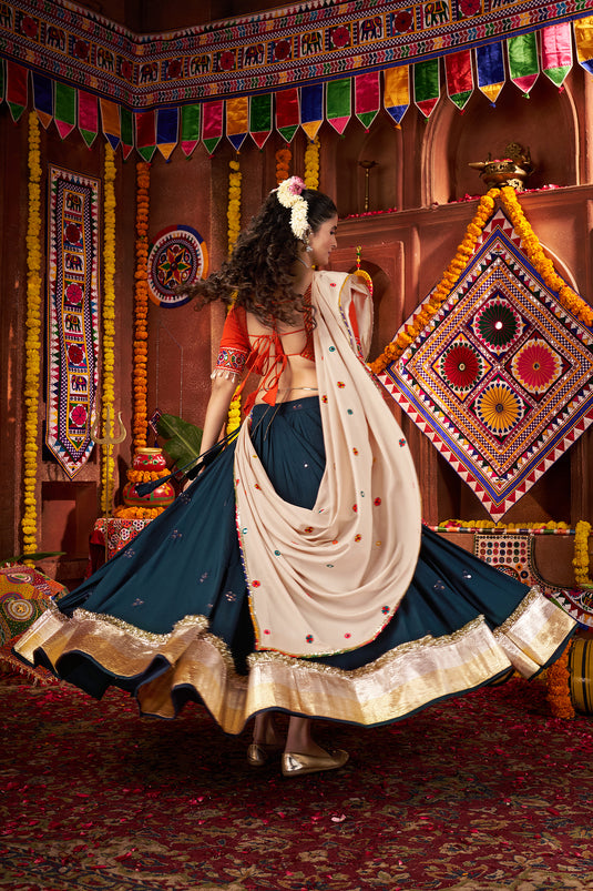 Navratri Special Teal Blue Kutchi Work Viscose Cotton Readymade Fully Stitched Festive Wear Lehenga Choli