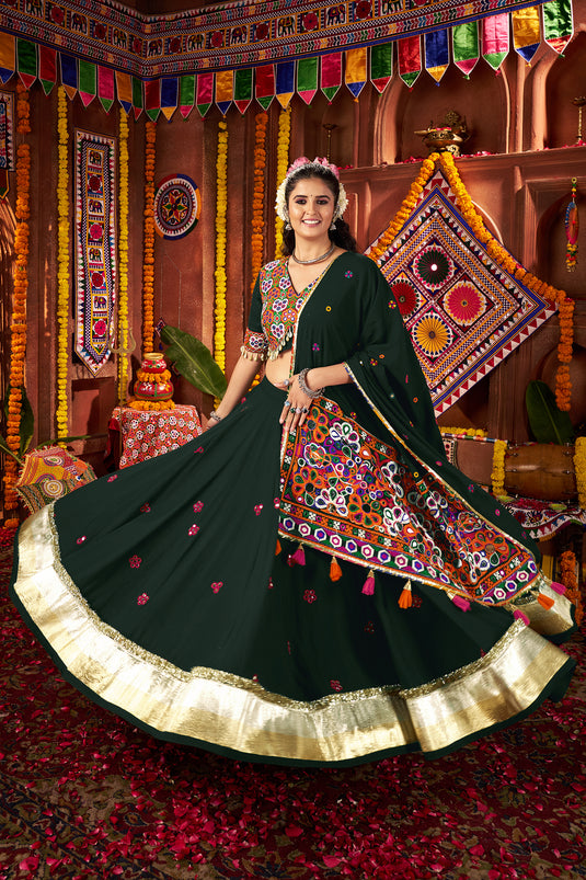 Garba Special Green Kutchi Work Viscose Cotton Readymade Fully Stitched Festive Wear Lehenga Choli