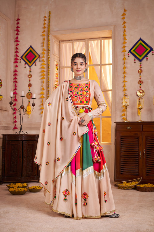 Navratri Special Beige Viscose Cotton Thread & Mirror Work Readymade Fully Stitch Festive Wear Lehenga Choli