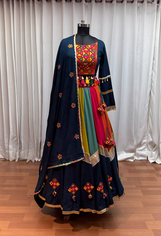 Navratri Special Teal Blue Viscose Cotton Thread & Mirror Work Readymade Fully Stitch Festive Wear Lehenga Choli
