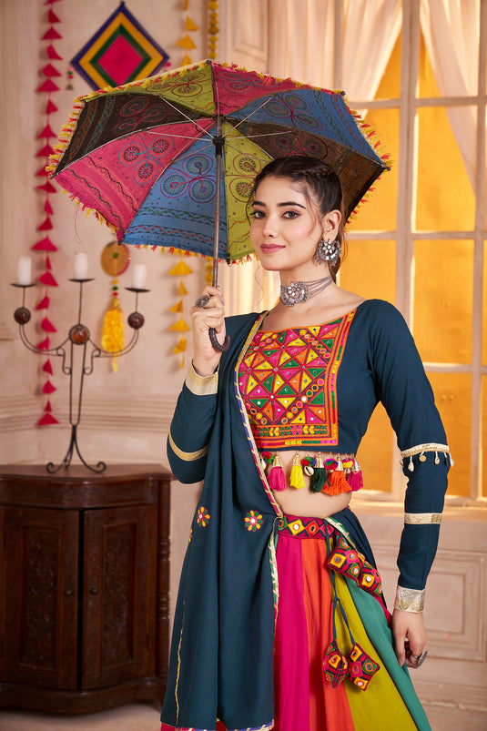 Navratri Special Teal Blue Viscose Cotton Thread & Mirror Work Readymade Fully Stitch Festive Wear Lehenga Choli