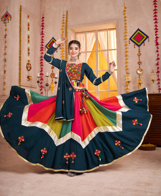 Navratri Special Teal Blue Viscose Cotton Thread & Mirror Work Readymade Fully Stitch Festive Wear Lehenga Choli