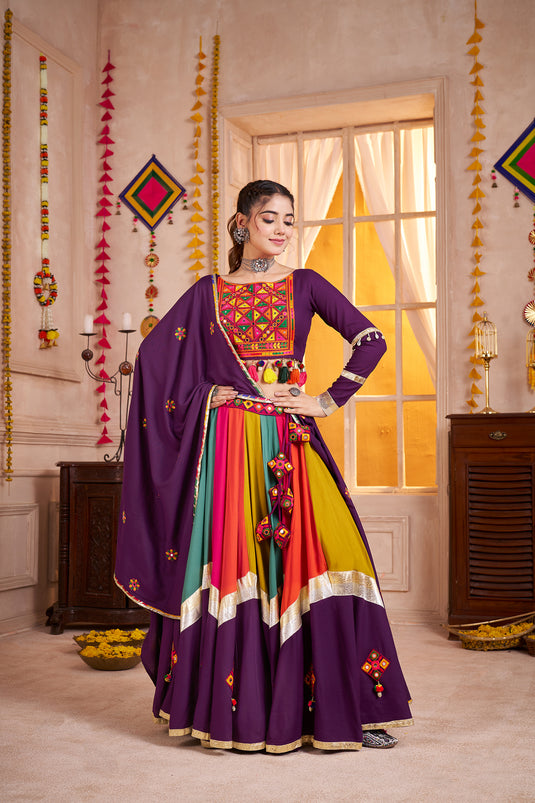 Navratri Special Purple Viscose Cotton Thread & Mirror Work Readymade Fully Stitch Festive Wear Lehenga Choli