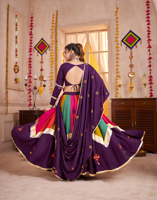 Navratri Special Purple Viscose Cotton Thread & Mirror Work Readymade Fully Stitch Festive Wear Lehenga Choli