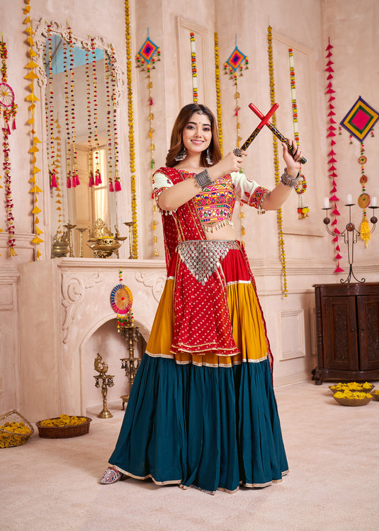 Navratri Special Multicolor Viscose Cotton Lampi Border Work Readymade Fully Stitched Festive Wear Lehenga Choli