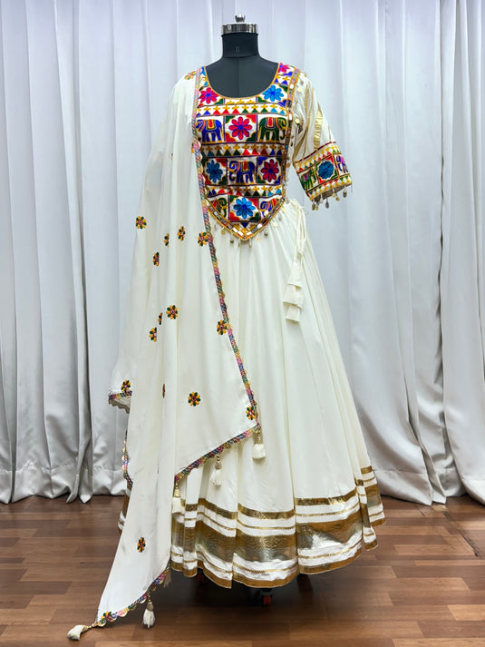 Elegant White Kutchi Work Viscose Cotton Ready to Wear Fully Stitched Navratri Lehenga Choli For Women