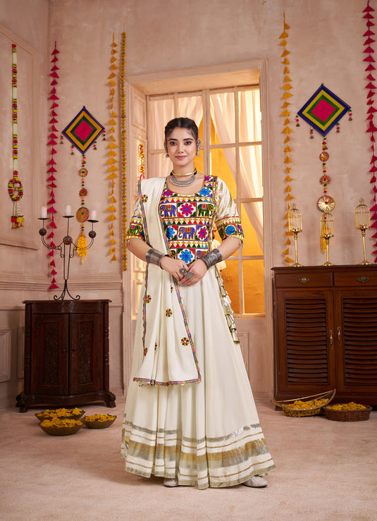 Elegant White Kutchi Work Viscose Cotton Ready to Wear Fully Stitched Navratri Lehenga Choli For Women