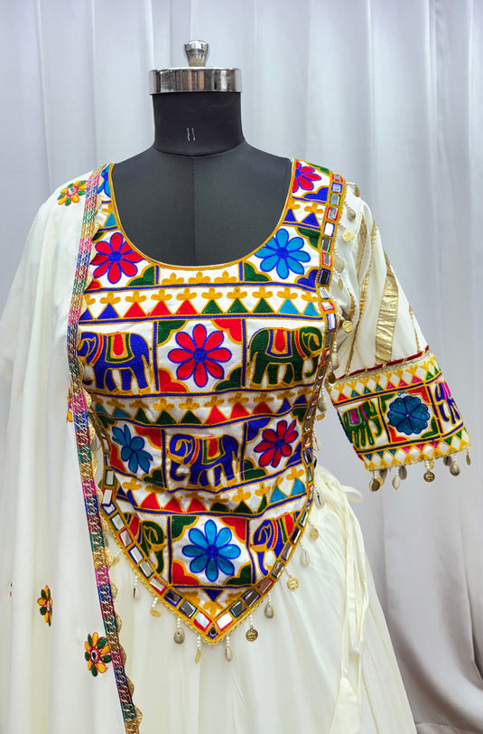 Elegant White Kutchi Work Viscose Cotton Ready to Wear Fully Stitched Navratri Lehenga Choli For Women