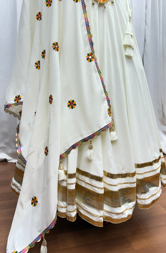 Elegant White Kutchi Work Viscose Cotton Ready to Wear Fully Stitched Navratri Lehenga Choli For Women