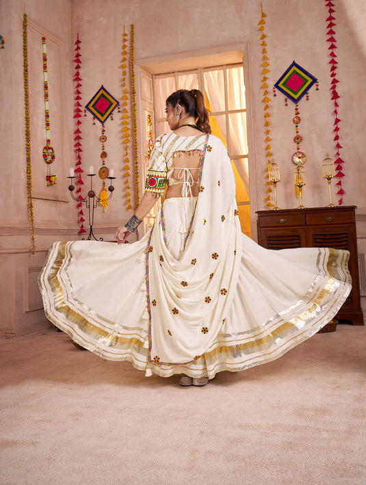 Elegant White Kutchi Work Viscose Cotton Ready to Wear Fully Stitched Navratri Lehenga Choli For Women