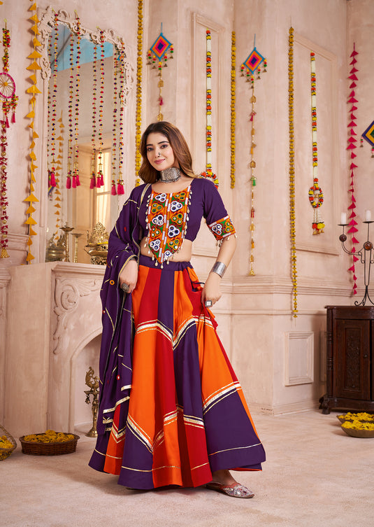 Garba Special Multicolor Gamthi Work Viscose Cotton Readymade Fully Stitched Navratri Lehenga Choli For Women