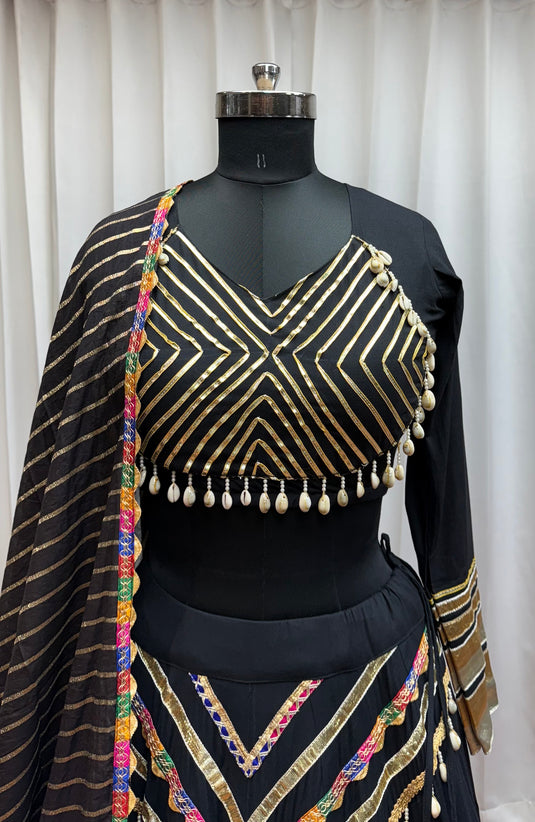 Dandiya Night Black Gamthi Work Viscose Cotton Ready to Wear Fully Stitched Festive Wear Lehenga Choli For Women