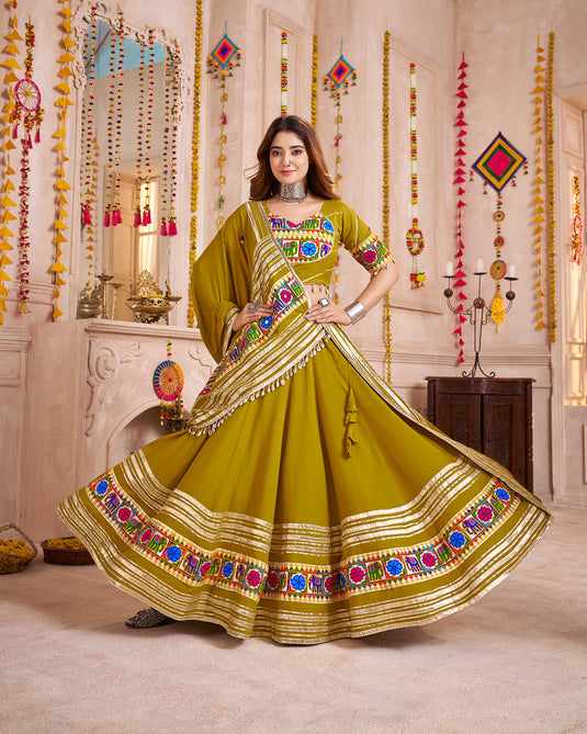 Garba Night Green Gamthi Work Viscose Cotton Readymade Fully Stitched Navratri Lehenga Choli