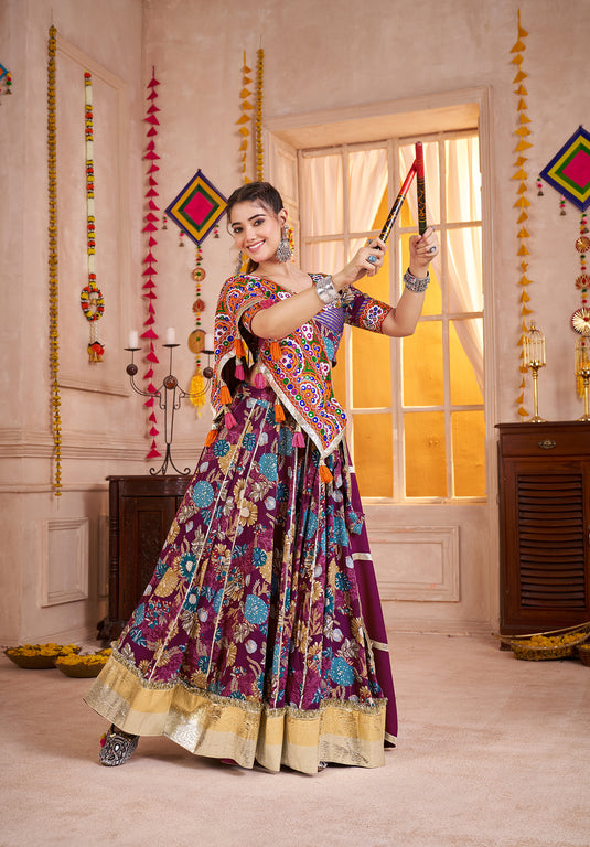 Navratri Special Purple Kutchi Work Viscose Cotton Ready to Wear Fully Stitched Festive Wear Lehenga Choli For Women
