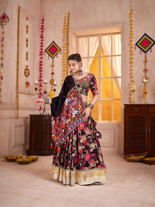 Traditional Garba Special Black Kutchi Work Viscose Cotton Readymade Fully Stitched Festive Wear Lehenga Choli For Women