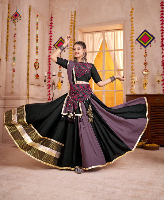 Garba Special Multicolor Kutchi Work Viscose Cotton Readymade Fully Stitched Festive Wear Lehenga Choli With Belt