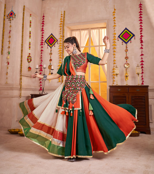 Navratri Night Special Multicolor Kutchi Work Viscose Cotton Readymade Fully Stitched Festive Wear Lehenga Choli For Women