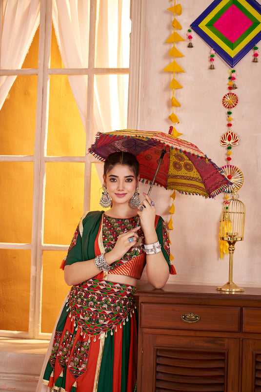 Navratri Night Special Multicolor Kutchi Work Viscose Cotton Readymade Fully Stitched Festive Wear Lehenga Choli For Women