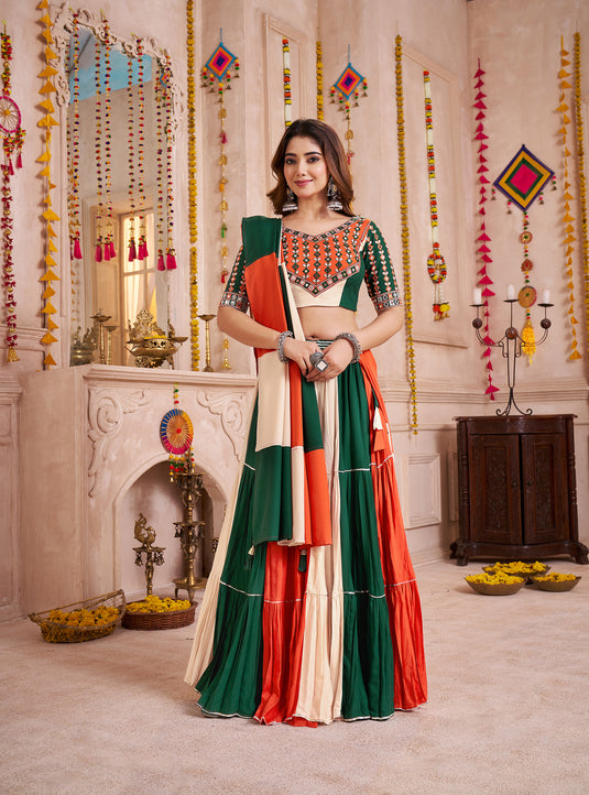 Navratri Special Multicolor Viscose Cotton Kutchi Work Ready to Wear Fully Stitched Festival Wear Lehenga Choli For Women
