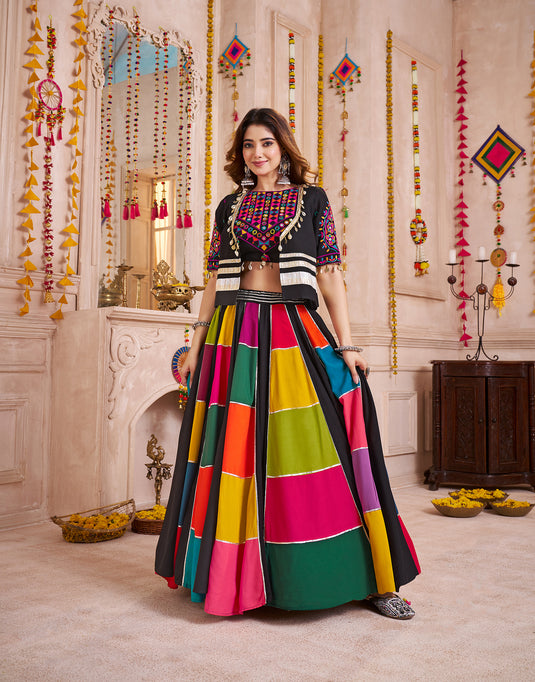Dandiya Night Multicolor Kutchi Work Viscose Cotton Readymade Fully Stitched Lehenga Choli with Jacket For Women