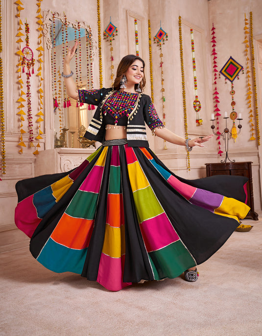 Dandiya Night Multicolor Kutchi Work Viscose Cotton Readymade Fully Stitched Lehenga Choli with Jacket For Women