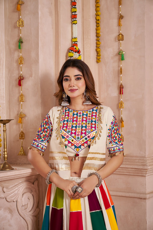 Garba Night Multicolor Kutchi Work Viscose Cotton Readymade Fully Stitched Navratri Lehenga Choli with Jacket For Women