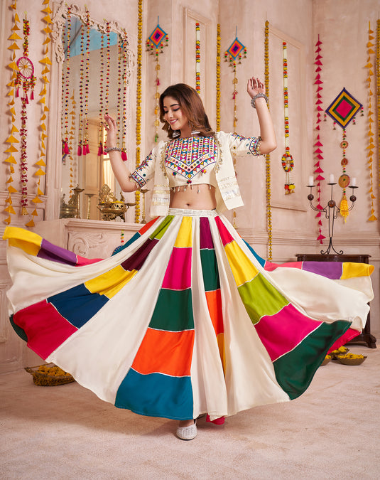 Garba Night Multicolor Kutchi Work Viscose Cotton Readymade Fully Stitched Navratri Lehenga Choli with Jacket For Women