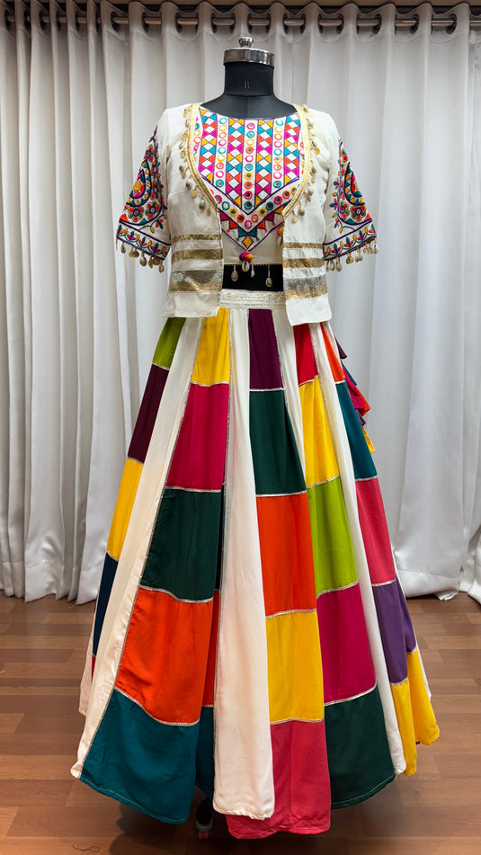 Garba Night Multicolor Kutchi Work Viscose Cotton Readymade Fully Stitched Navratri Lehenga Choli with Jacket For Women
