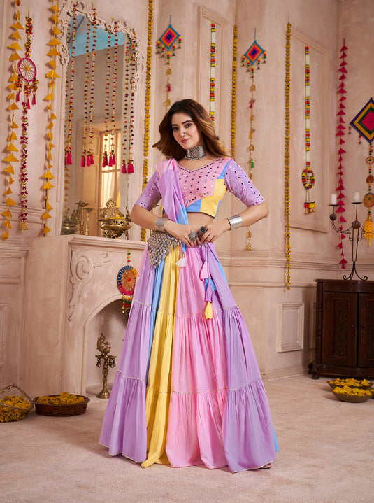 Navratri Special Multicolor Viscose Cotton Kutchi Work Ready to Wear Fully Stitched Festival Wear Lehenga Choli For Women