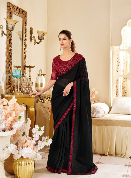 Purple Two Tone Georgette Silk Zari & Thread Embroidered Festive Wear Saree